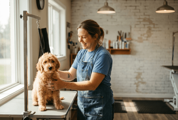 Dog grooming business owner carefully grooming a small puppy at a professional pet salon
