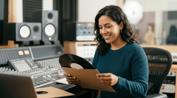 Music record label artist recording vocals in a studio alongside the studio owner