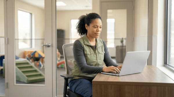 Woman registering a dog daycare business as an LLC on a laptop