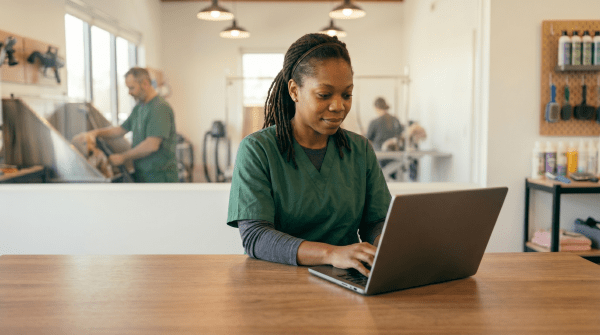 Woman registering a dog grooming business as an LLC from home office