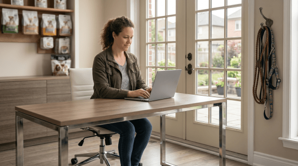Woman registering a dog walking business as an LLC on a computer