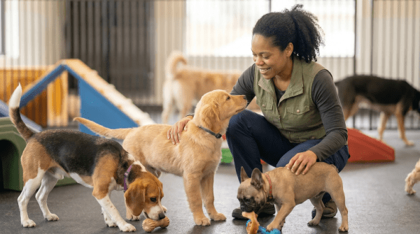 Dog daycare business owner laughing and playing with dogs in an indoor facility