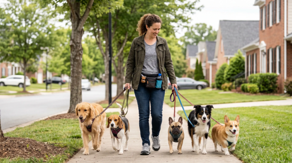 Woman walking multiple dogs outdoors as part of her professional dog walking business