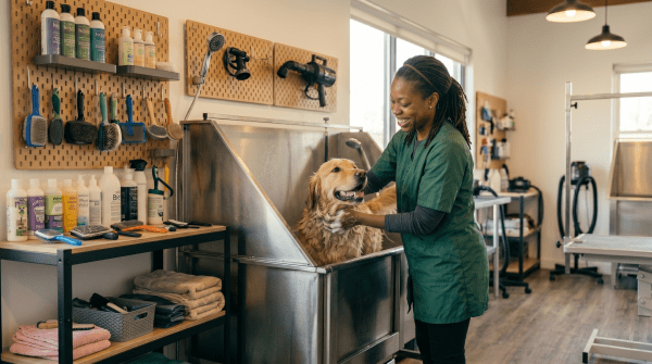 Dog grooming business owner carefully grooming a small puppy at a professional pet salon