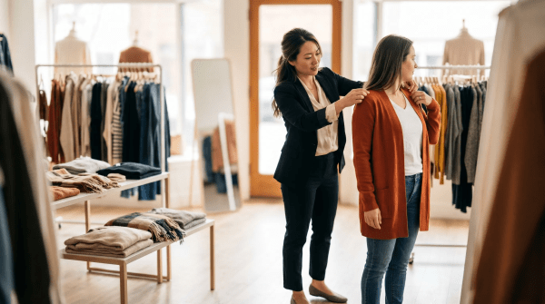 Women's clothing boutique owner helping a client select outfits on the shop floor