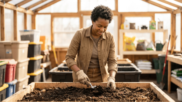 Worm farm owner managing compost worms for a vermiculture and organic composting business