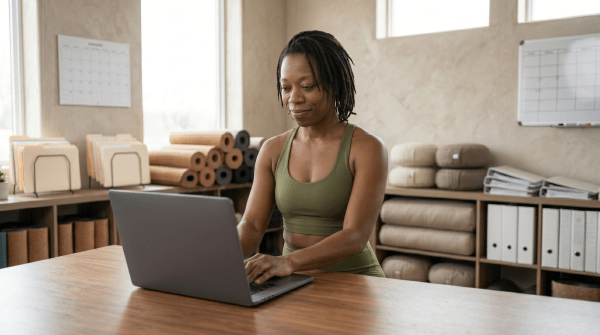 Yoga instructor registering a yoga business as an LLC on a laptop