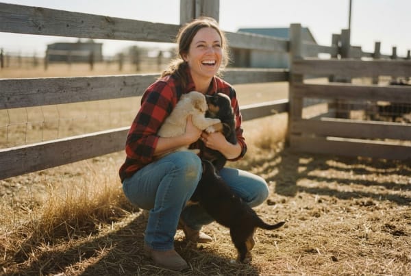 Dog breeder laughing while holding two puppies beside a fence on a sunny farm