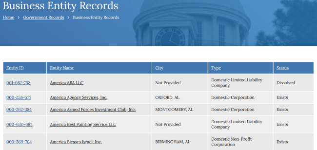 Alabama entity name search results 1