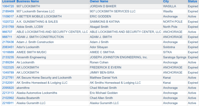 Alaska business license search results 1