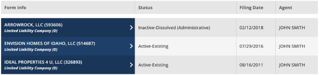 Idaho registered agent search results
