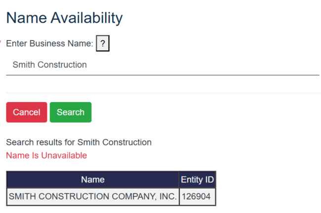 Kansas name availability search results