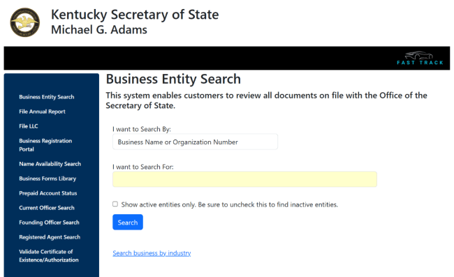 Kentucky business entity search homepage