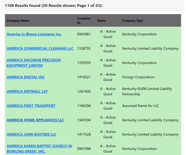 Kentucky business entity search results 1