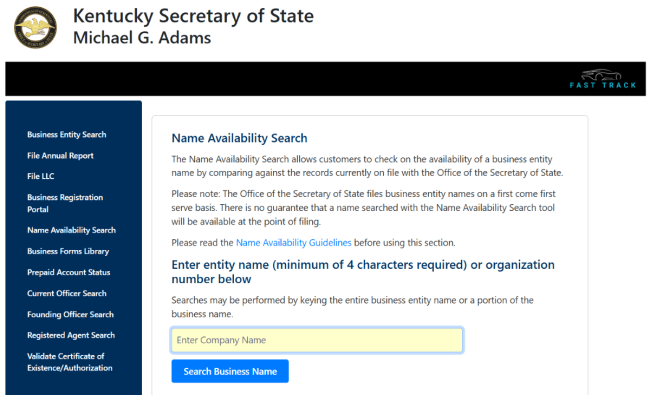 Kentucky name availability search homepage