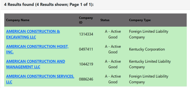 Kentucky business availability search results