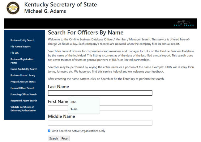 Kentucky officer search homepage