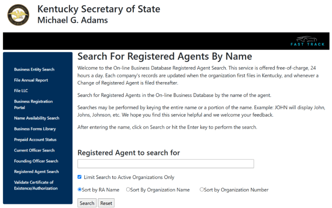 Kentucky registered agent search homepage
