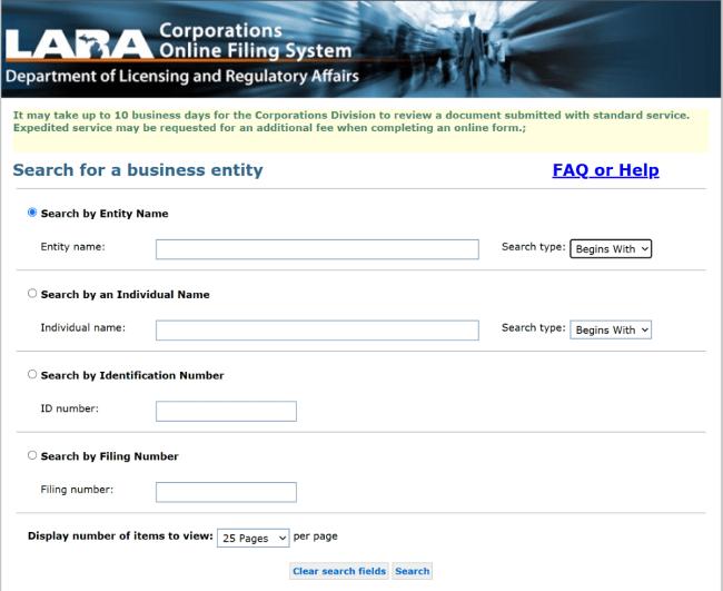 Michigan business entity search home