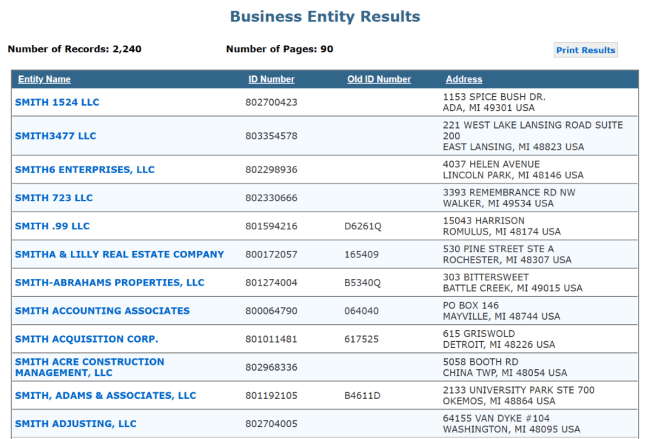 Michigan business name search results 1