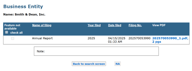 RI filing number search results