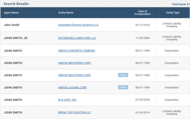 SC registered agent search results