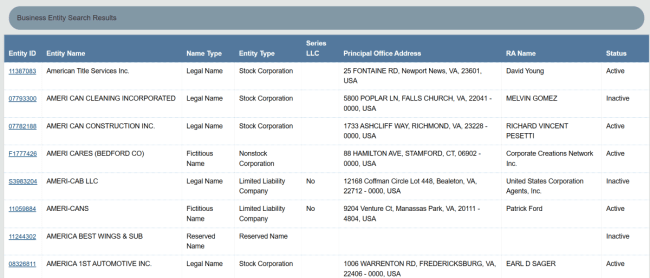 Virginia business name search results 1