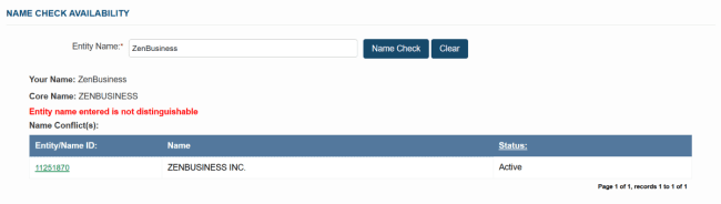 Virginia name availability search results