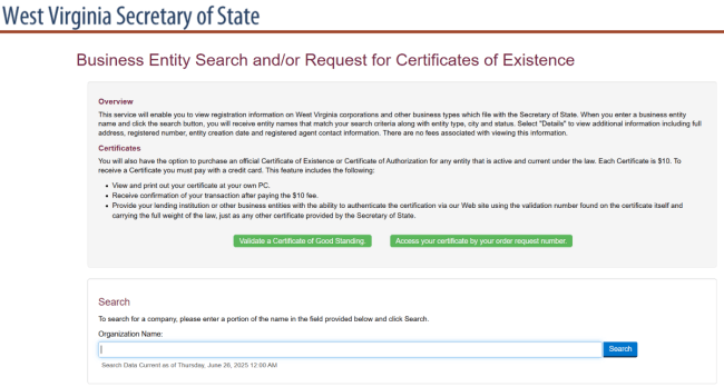 WV business entity search
