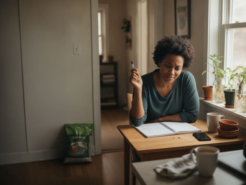 woman sits at her desk writing in her notebook