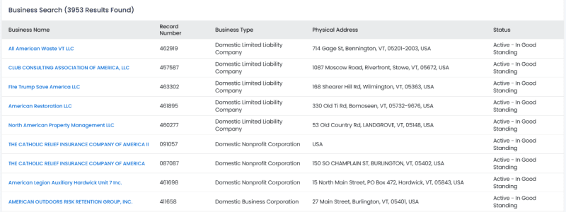 Vermont business name search results 1