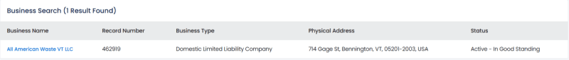 Vermont business record number search results