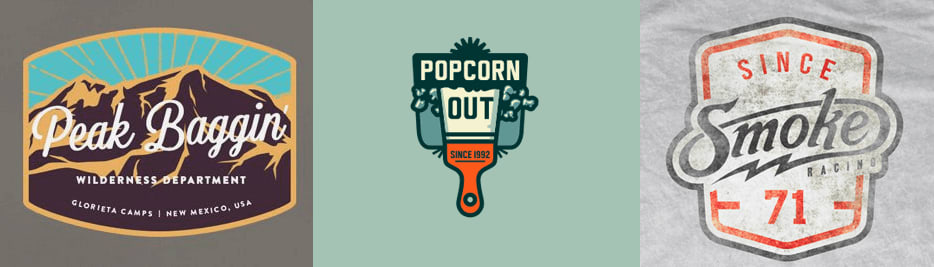 Peak Baggin Patch Badge by Andrew Miller; Popcorn Out by Szende Brassai; Smoke Badge Tee-Jarrett Arant
