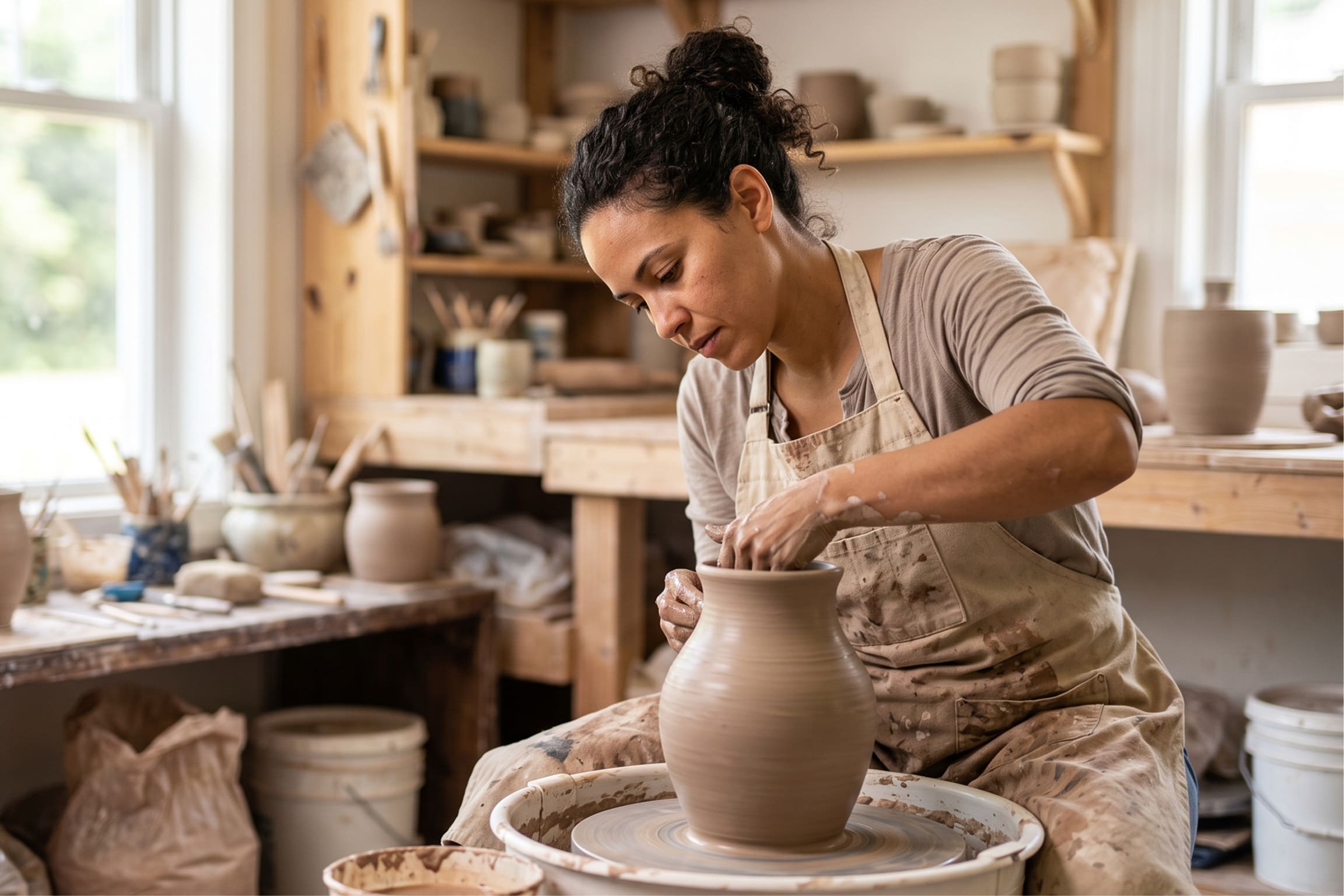 Pottery business owner working on an order