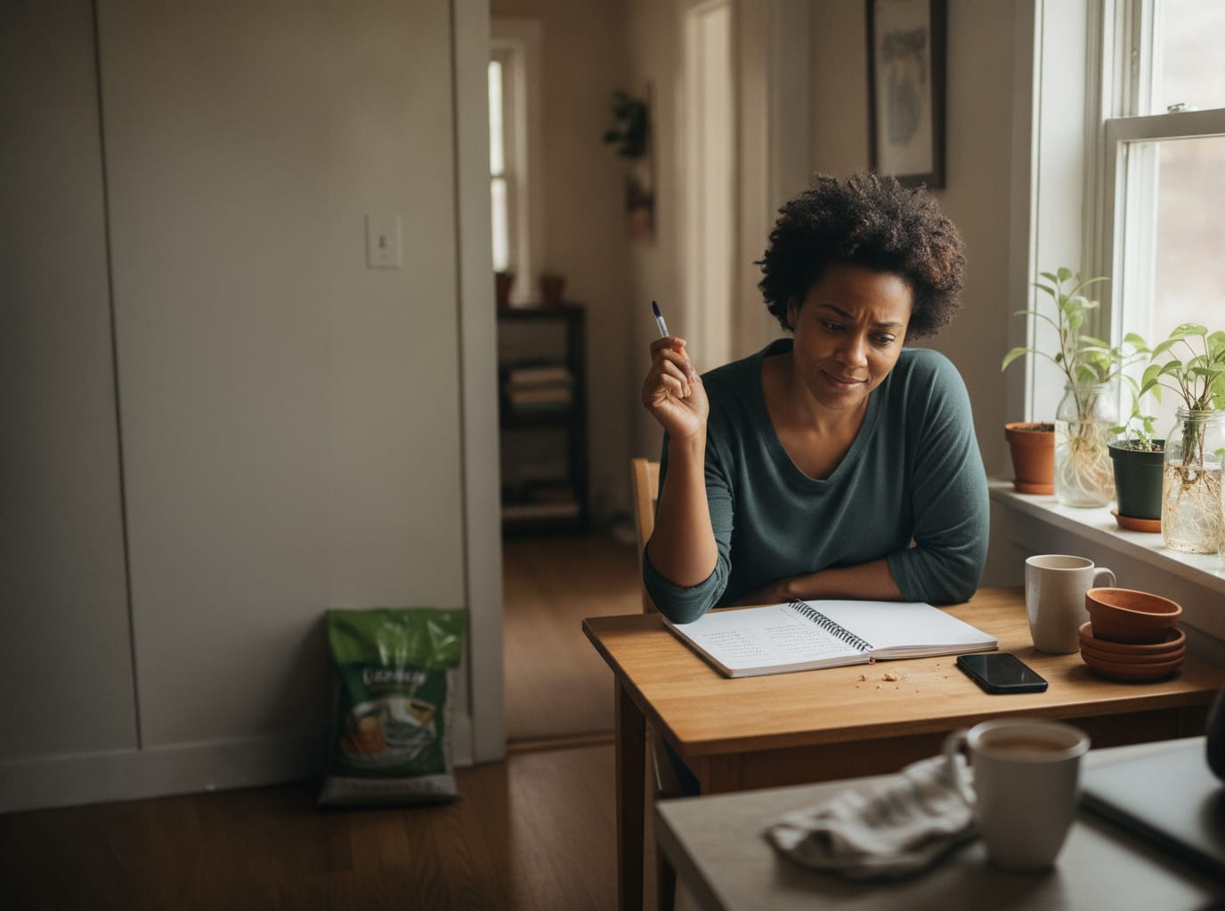 woman sits at her desk writing in her notebook