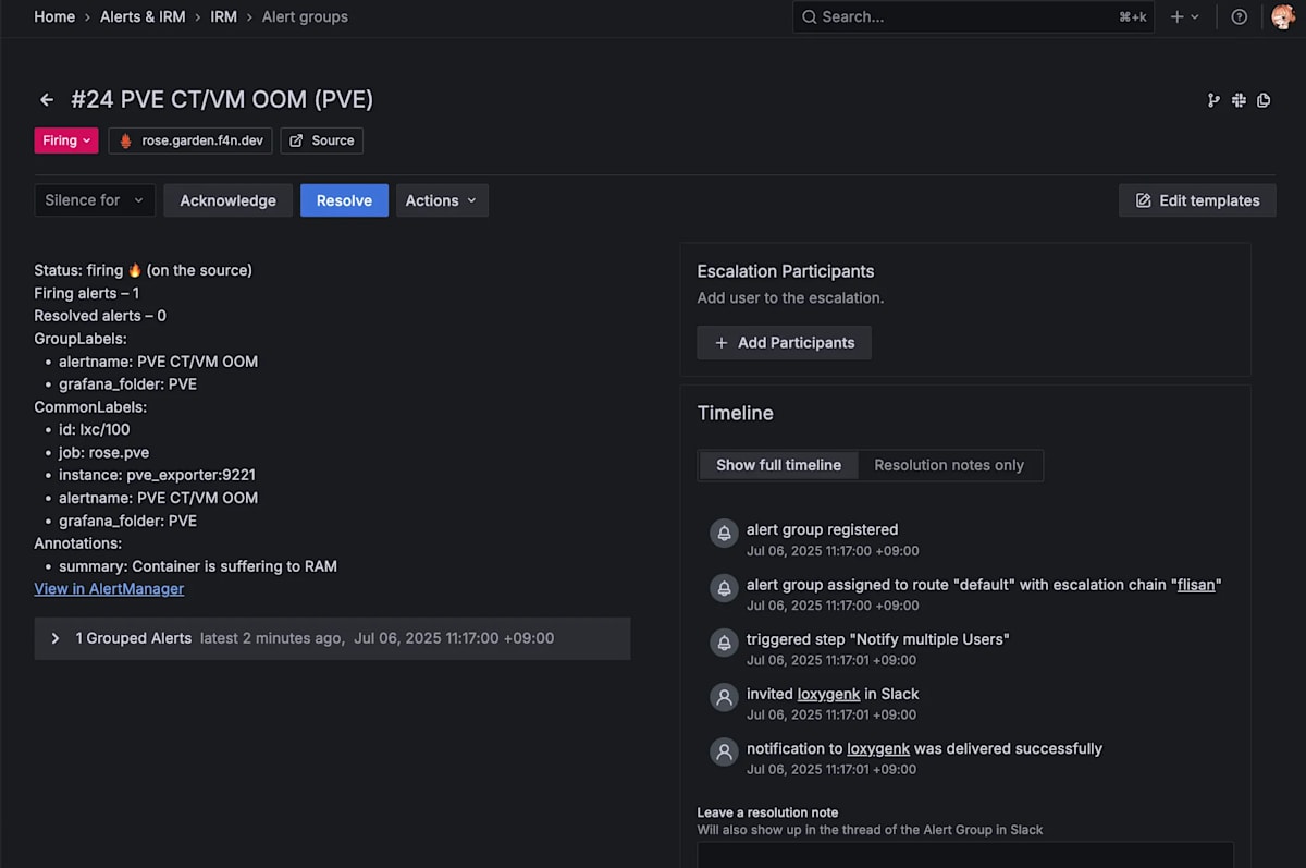 Grafana Cloud 上での、Alert Group の詳細画面。"#24 PVE CT/VM OOM (PVE) という名前