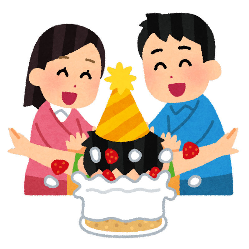 誕生日ケーキに顔を突っ込まれる人のイラスト