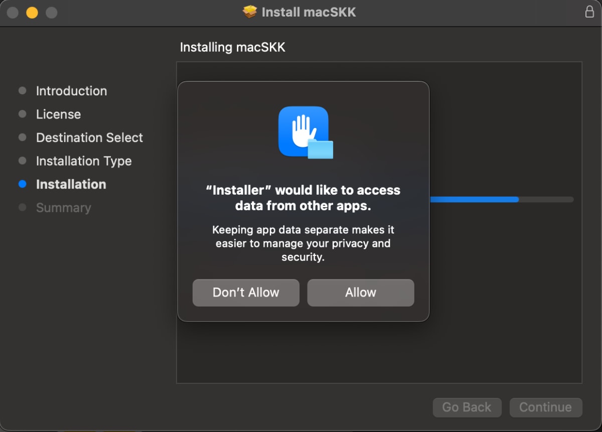 "Installer" would like to access data from other apps.