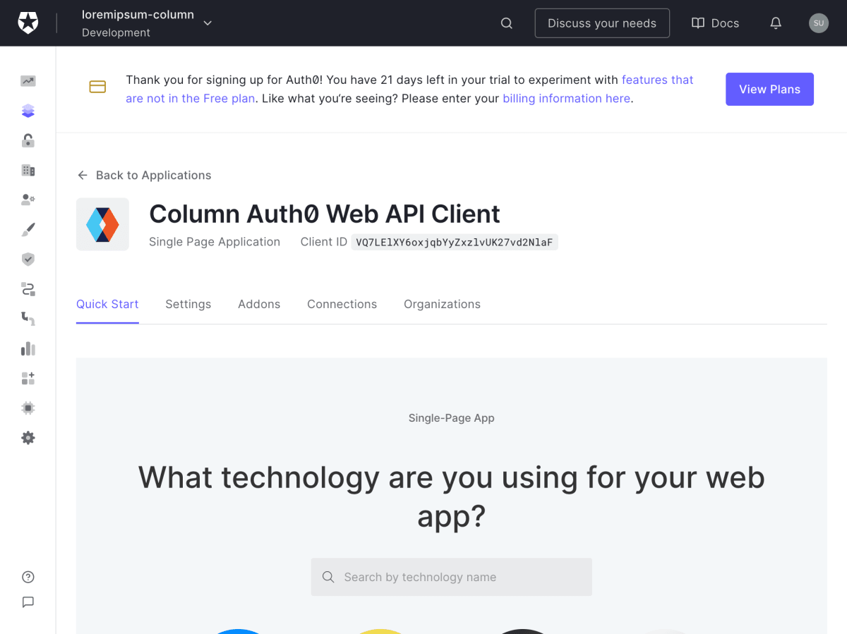 Auth0のアプリケーションの詳細ページです。Quick StartやSettingsなどのタブを備えています。