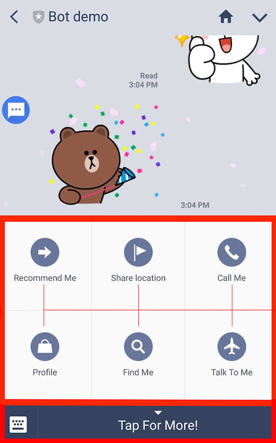 LINE トーク画面下部に 6 つのボタンから構成されるメニュー画像が表示されています。