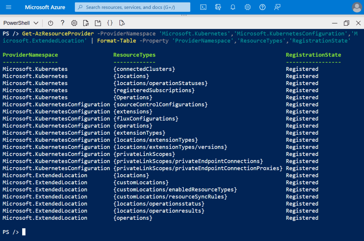 Get-AzResourceProvider コマンドレットの実行結果の例