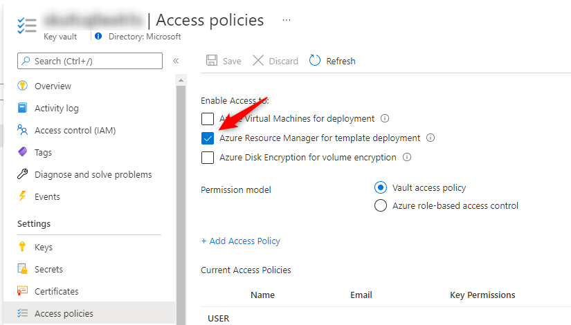 Azure Key Vault permit ARM