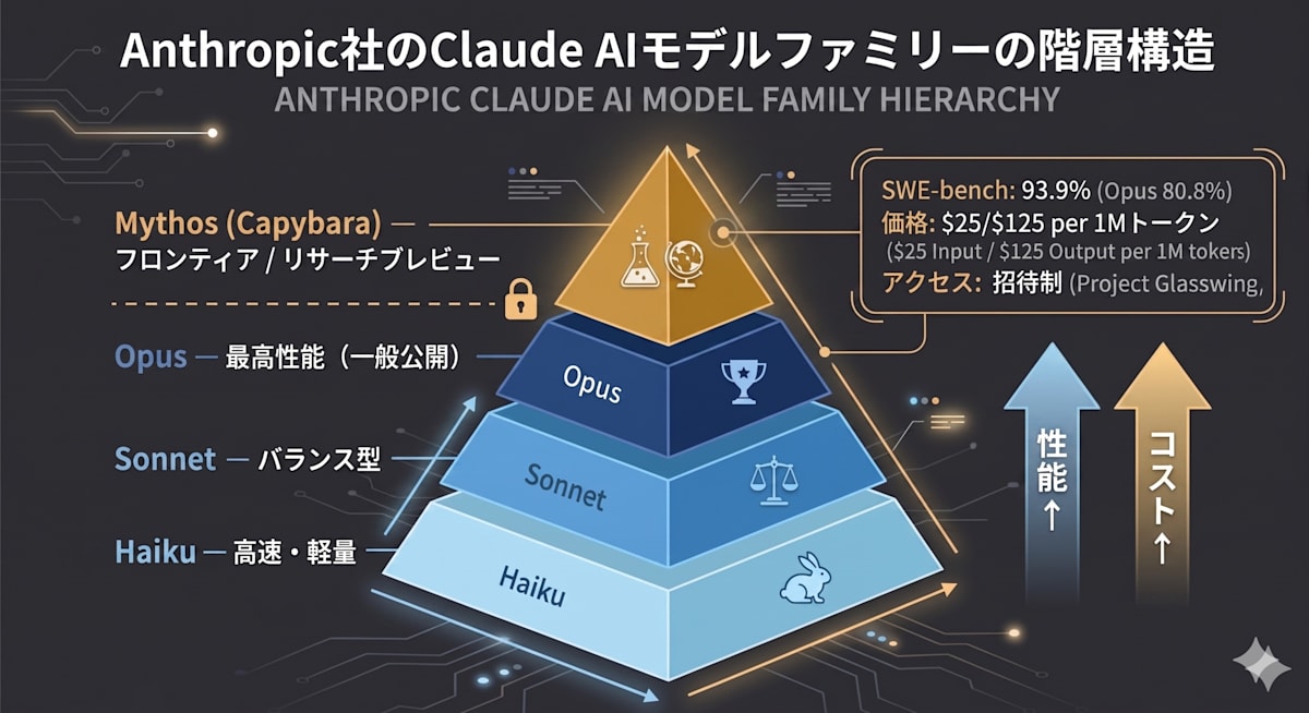 Anthropic社のClaude AIモデルファミリーの階層構造。Haiku、Sonnet、Opus、Mythosの4段階ピラミッド