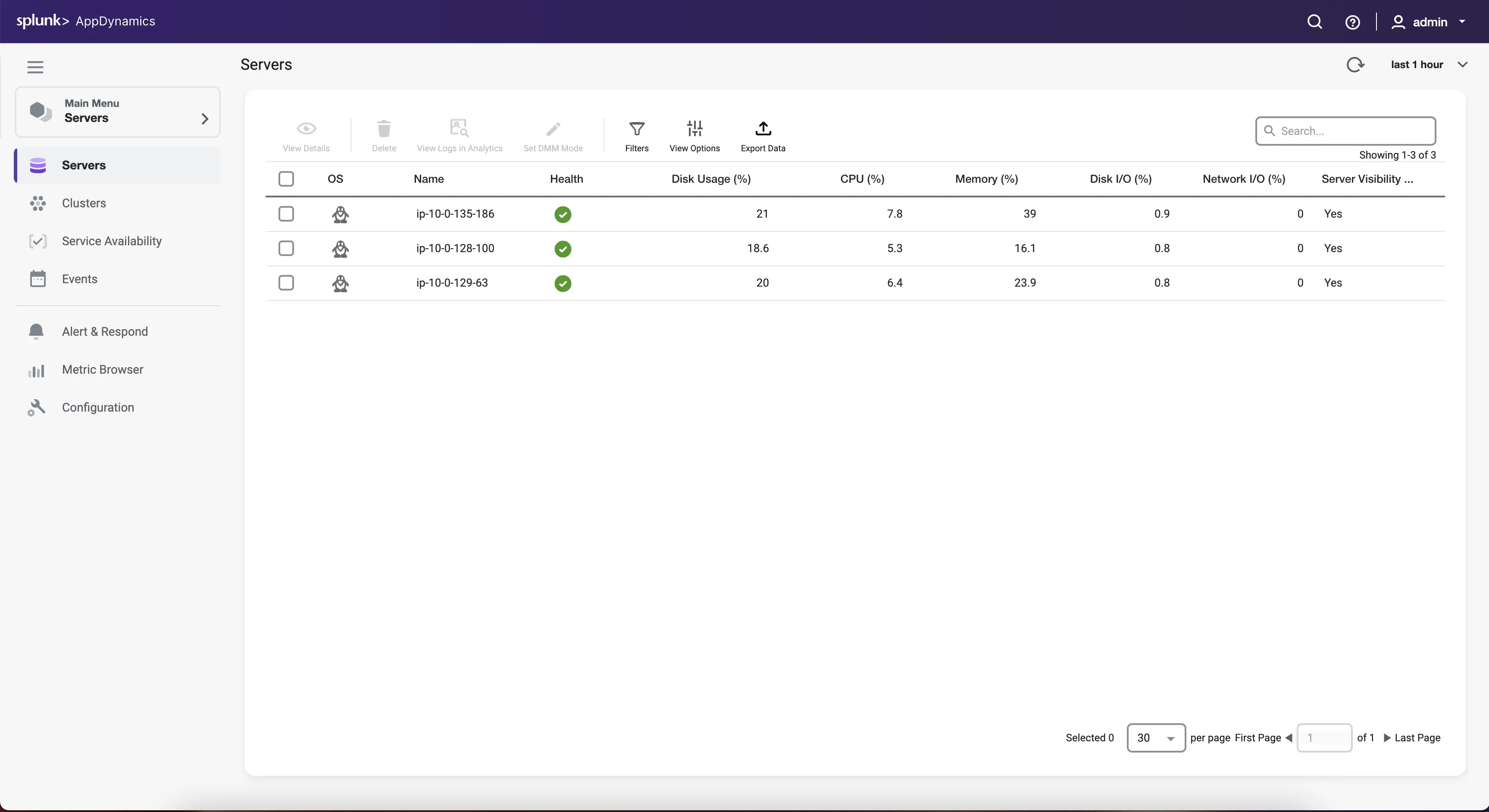 AppDynamics サーバー一覧画面