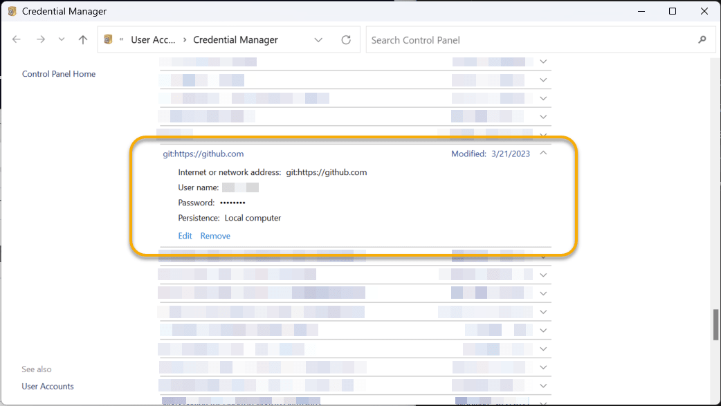 Windows Credential Managerで「git:https://github.com」の項目を見つけて開く