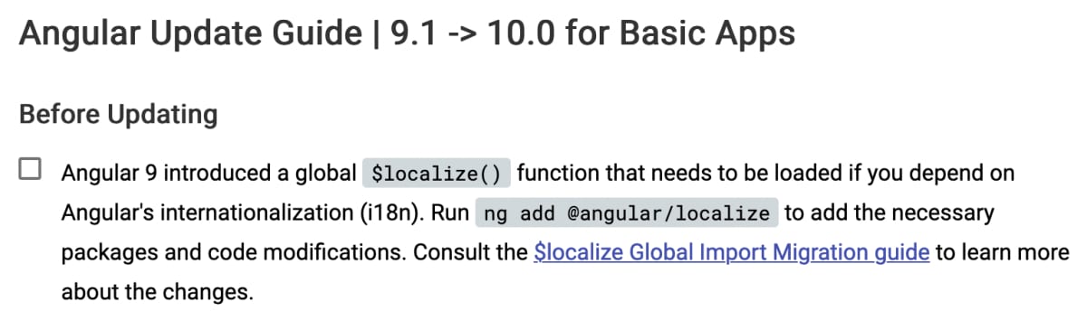 ex. Angular v9.x => Angular v10.x