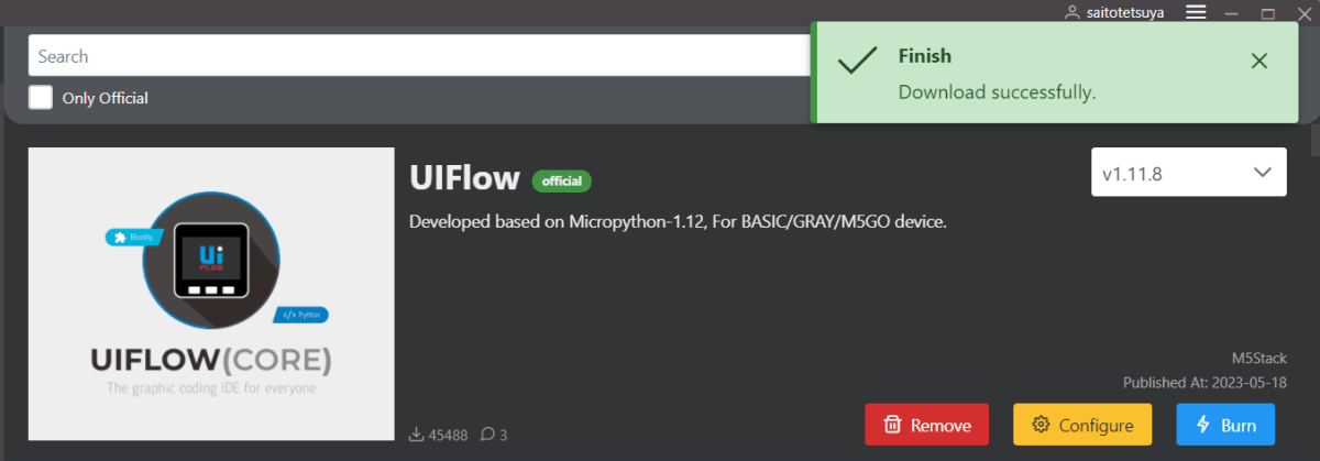 UIFlowファームウェアダウンロード完了