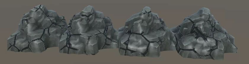 Seedを変えてひびの入り方がそれぞれになった岩達.png