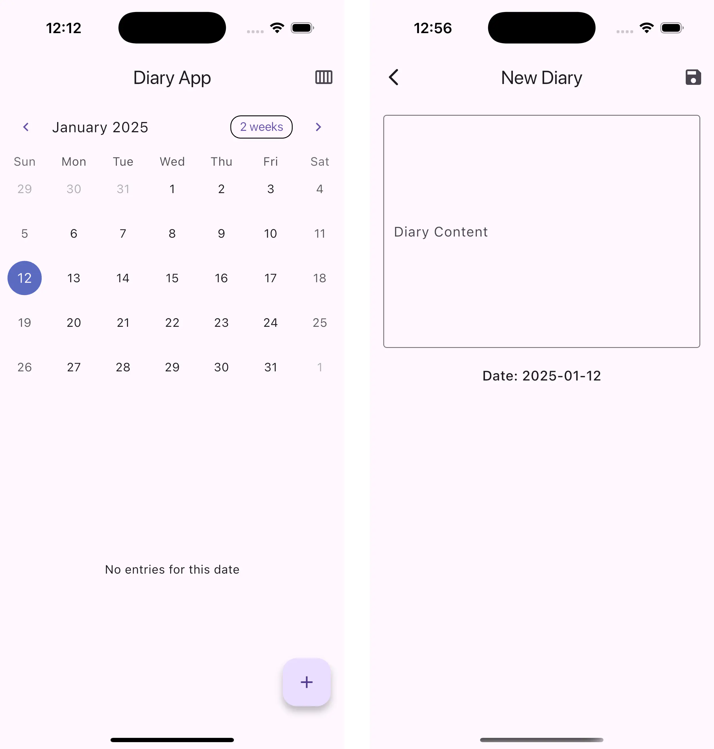 アプリのスクリーンショット（カレンダー画面、日記記入画面）