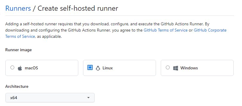 GitHub のウェブ UI でランナーに利用するイメージとして Linux x64 を選択しているスクリーンショット